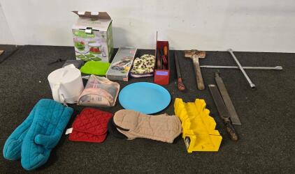 Mixed Kitchen & Tool Lot: Sunbeam Kettle, Super Slicer, Can Dispenser, Mitts, Tools, 20+ Pieces