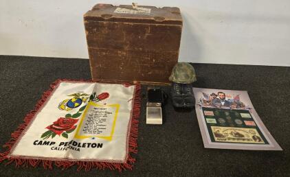 Military Collectibles Lot: WWII Ammo Crate, Camp Pendleton Souvenir, Plata Radio, Civil War Memorabilia