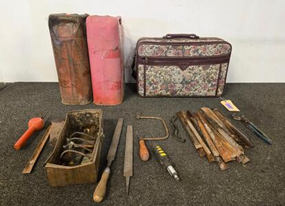 Vintage Lot: 2 US Military Jerry Cans, Floral Suitcase, Hand Tools, Scrap Metal, Tool Box