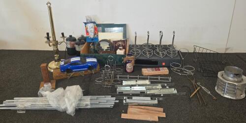 Mixed Lot: Brass Lamp, Ford Mustang Model, Metal Hardware, Wire Racks, Tools, Propane, Decor