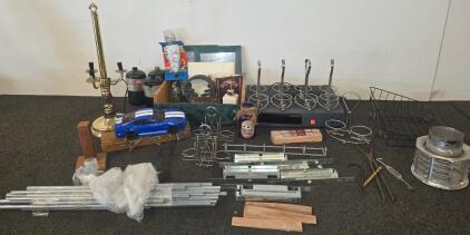 Mixed Lot: Brass Lamp, Ford Mustang Model, Metal Hardware, Wire Racks, Tools, Propane, Decor