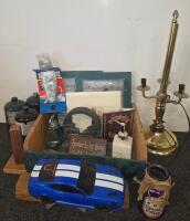 Mixed Lot: Brass Lamp, Ford Mustang Model, Metal Hardware, Wire Racks, Tools, Propane, Decor - 3