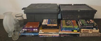 Mixed Book and Manual Lot with 5 Glassware Pieces & 2 Large Storage Bins &ndash; DIY, Automotive, Outdoor