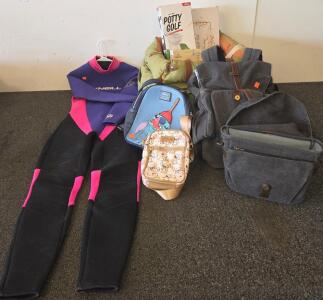 O'Neill Wetsuit size faded on tag, Disney Loungefly Stitch Bags, Funny Fuzzy Carrier, Potty Golf, Badge Parts Lot