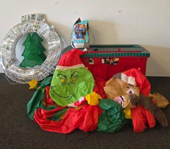 Disney Stitch & Grinch Yard Inflatables, Lighted Wreaths, Ornaments, Holiday Decoration Lot, one reef is functioning the other is missing a connection, and the functioning of the inflatable is unknown, many Christmas ornaments and decorative items in the 