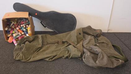 Military Duffel Bags (2), Acoustic Guitar Hard Shell Case, Assorted 2oz Acrylic Paint Bottles, Lot
