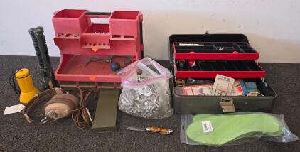 Lot of 2 Toolboxes With Tools, Hardware, Flashlights, Headphones, Folding Knife, and Accessories