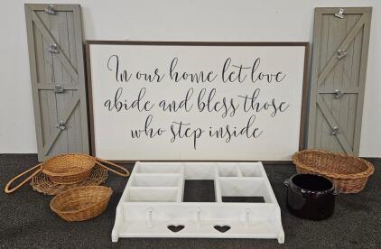 Farmhouse D&eacute;cor Set: Inspirational Wall Sign, Baskets, Crock, Peg Shelf, Barn Door Frames