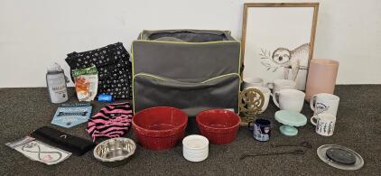 Mixed Pet Supply Lot: Good2Go Carrier, Bowls, Sweater, Hallmark Water Bottle, Mugs & More
