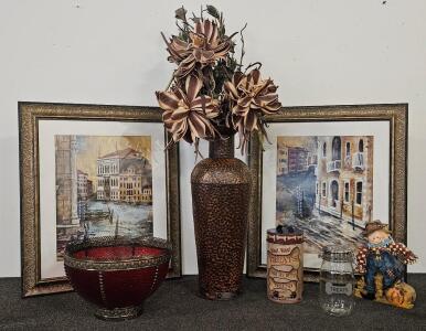 Decorative Home Decor Lot with Framed Venetian Prints, Copper Vase, and Red Glass Bowl