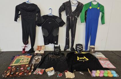 Lot of Children&rsquo;s Halloween Costumes With Capes and Masks, Includes Batman, Black Panther, Luigi, etc. 9 Packs of Women's Tights/Stockings, and More