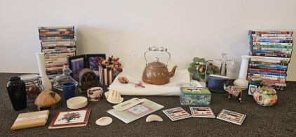 Large Lot Home Decor, 40+ DVDs, Copper Teapot, Craft Kits, Tins, Vases, & Collectibles