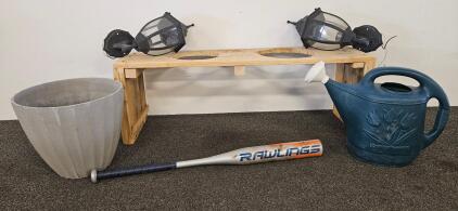 Rawlings Slowpitch Softball Bat, Alloy, 34" Length, Silver/Blue, Serial 0320211313, Wooden Raised Dog Dish Holder, Pair of Outdoor Lights, Watering Can and Large Planter Pot