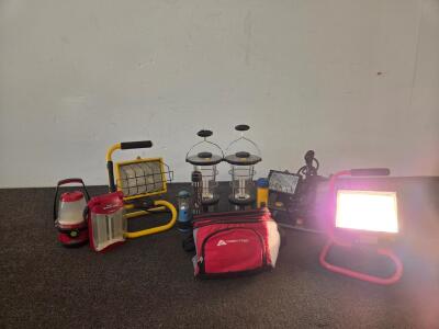 Lot of 10 Portable Work Lights, Lanterns & Flashlights, Corded Halogen, LED, Cooler Bag Included (Tested All)