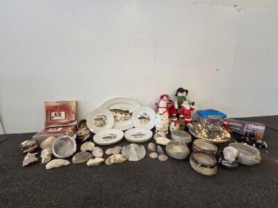 Mixed Lot: JKW Western Germany Porcelain Fish Plate Set, 7 Pieces, Gold-Rimmed, Vintage 1950s-70s, Christmas Decor, Ceramic Pots, & More