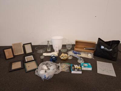 Mixed Household Lot: 6 Picture Frames, LED Bulbs, Hair Dryer, Rotary Mat, Decor, Hardware