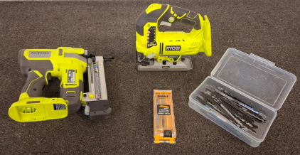 Ryobi P5231 Jigsaw & P361 Brad Nailer Set, 18V ONE+ Cordless Tools With Assorted Blades (Unable To Test, No Battery)