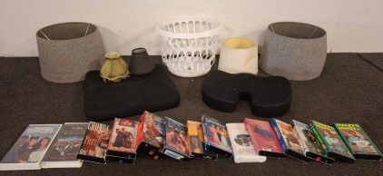 13 VHS Tapes (Disney, Classics), 4 Lamp Shades, 2 Seat Cushions, Laundry Basket (Shelf A)