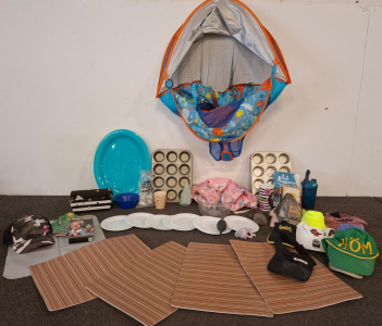 Mixed Household Items: Kitchenware, Swim Float, Hats, Placemats, Bakeware, Books, And More (Shelf B)