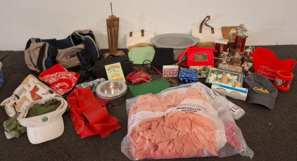 Assorted Bags, Purses, Cabela's Cap, Decor, 1980s Trophies, Candleholder, Holiday Decor, And More (Shelf O)