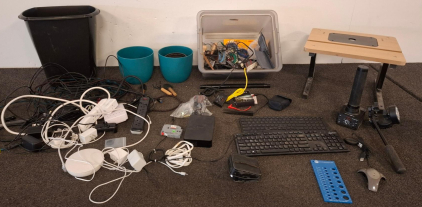 Mixed Electronics & Workshop: Calcu-Flash II Meter, AmazonBasics Keyboard, Cables, Tools, And More (Shelf A)