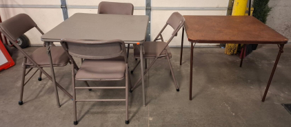 Folding Card Table Set: 2 Square Tables, 4 Brown Padded Metal Folding Chairs