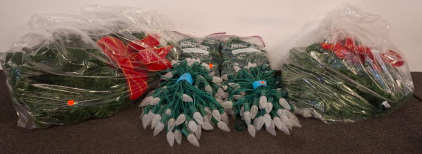 Christmas LED String Lights &ndash; 2x 120 C9 Warm White, 2x 500 Multi-Color Mini, 2 Strings Of Green Garland (All Lights Powered On)