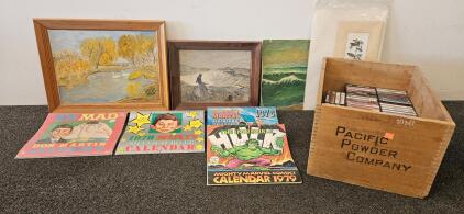1976-1979 Marvel & MAD Magazine Wall Calendars, Hulk, Silver Jubilee, Don Martin, 12x12in, Vintage Pacific Powder Co. High Explosives Crate, Large Lot of Cassette Tapes, and More