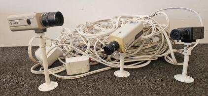 Lot of Sanyo VCB-3524 B/W, Elmo TSN410D Color CCD, YC-100 CCTV Security Cameras with Mounts and Cables
