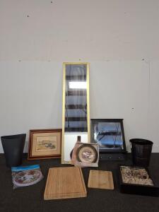 Assorted Home D&eacute;cor Lot: Mirrors, Wall Clock, Cutting Boards, Wastebaskets, Art, Burner Cover