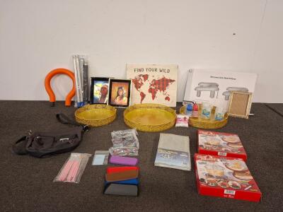 Lot of 5 Unisex +4.00 Reading Glasses with Assorted Cases and Microfiber Cloth, wall art, 3 metal decorative trays, cooking baskets , volley ball trainer and more
