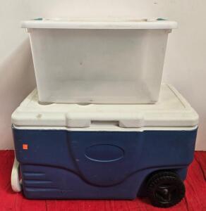 Coleman 50 Quart Wheeled Cooler, Blue with 4 Lid Cup Holders & Drain Plug
