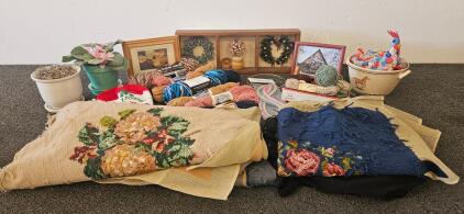 Large Vintage Craft Lot: Yarn, Needlepoint Art, Decor, Planters, Handmade Pieces