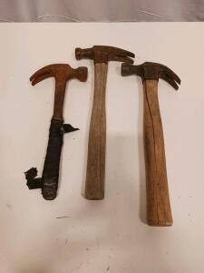 Set of 3 Vintage Claw Hammers, Wood Handle, 12&ndash;14 in, Steel Head, Heavy Use, Repaired