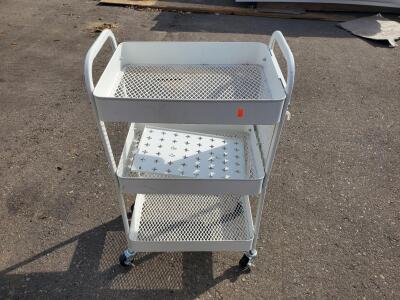 White 3-Tier Rolling Metal Utility Cart, Mesh Shelves, Side Handles, Swivel Casters
