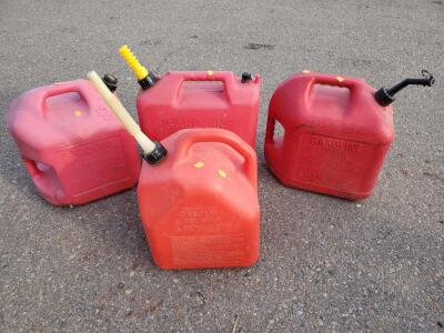 Lot of 4 Red Plastic 5-Gallon Fuel Cans (Blitz & Wedco, Used, Various Spouts)