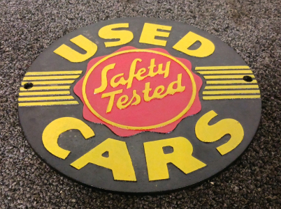 "Safety Tested Used Cars" Cast-Iron Metal Sign
