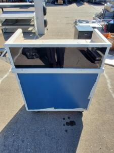 Rolling Mobile Checkout Counter with 3 Shelves, Blue/White, Laminate, Acrylic Shield, on Casters