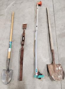 Garden Tools Bundle: 2 Spades, Manual Screw Jack, Electric String Trimmer