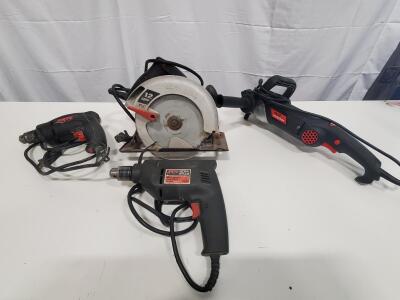 Skil & Drill Master Power Tools Lot: Circular Saw 12A, Two 3/8" Drills, 4-1/2" Grinder