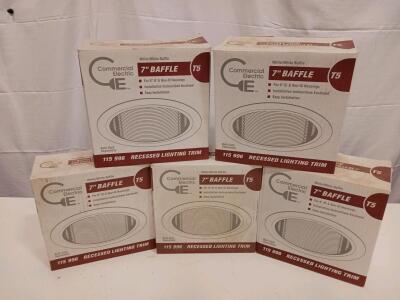 (5)Commercial Electric 7" Baffle Recessed Lighting Trim, Model 115 996 T5, White Trim with Black Baffle