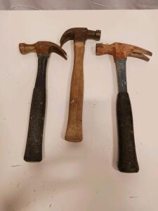 Set of 3 Claw Hammers &ndash; Mixed Handle Materials, Smooth Face, Curved Claw