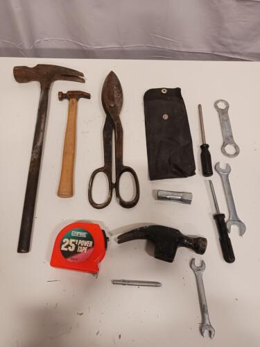 Assorted Hand Tools Set: Empire 25' Tape, 2 Hammers, Snips, Wrenches, Screwdrivers & Case