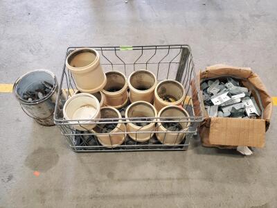 Bulk Lot Pipe Couplings (4" PVC), 35 Simpson Steel Brackets, Construction Bolts, Mixed Hardware