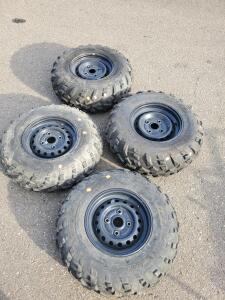 Carlisle AT489 ATV Tires & Black Steel Wheels Set of 4, 25x8-12 & 25x10-12, Made in USA