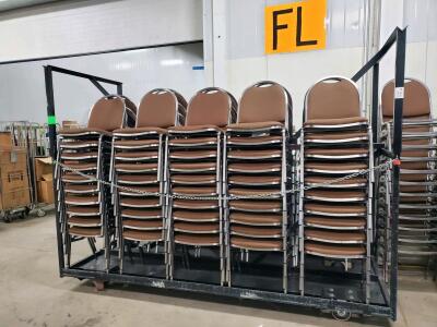 100 Stackable Banquet Chairs with Rolling Cart, Brown Upholstery, Silver Metal Frame