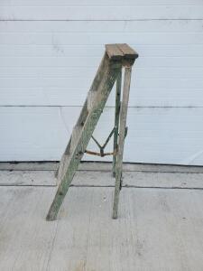 Vintage Wooden Folding Step Ladder, 2-Step, Green Paint, Approx. 3.5 ft, Rustic, Cracked Top