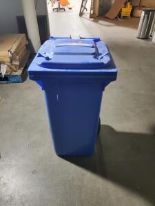 Large Blue Plastic Recycling Cart &ndash; 64 Gallon, Hinged Lid, Wheels &ndash; Commercial Bin