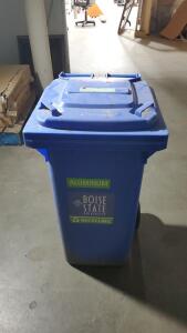 95-Gallon Blue Commercial Recycling Bin with Wheels and Hinged Lid