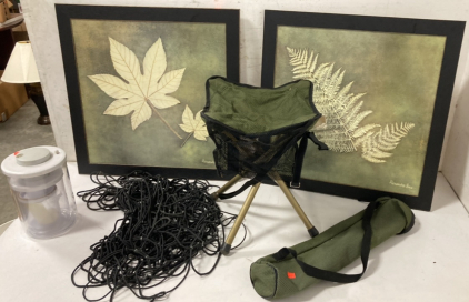 Cabela's Portable Stool, Cargo Net, & (2) Leaf pictures